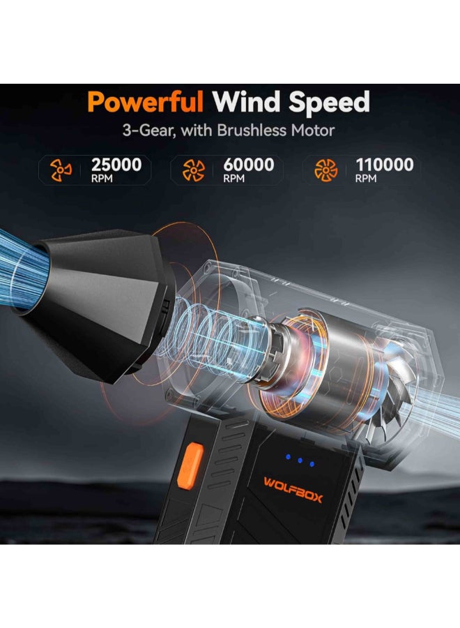 WOLFBOX 110K RPM 5000mAh 3-Gear Turbofan Rechargeable Cordless Electric Air Duster Black and Orange 4.5 x 17.5 x 15 cm MEGAFLOW 50 - Image 2